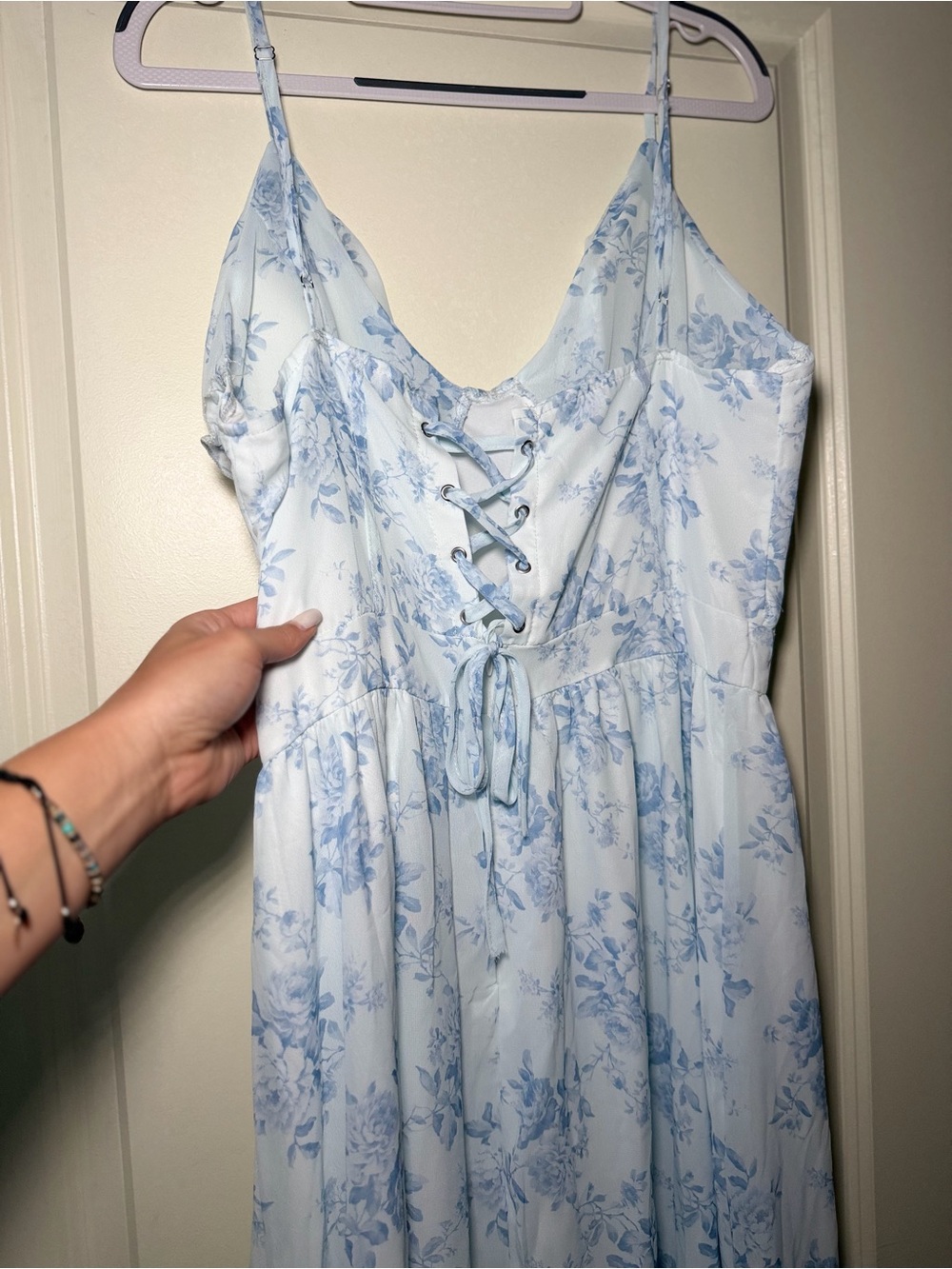 SHEIN Light Blue Floral Lace-Up Midi Dress with Spaghetti Straps